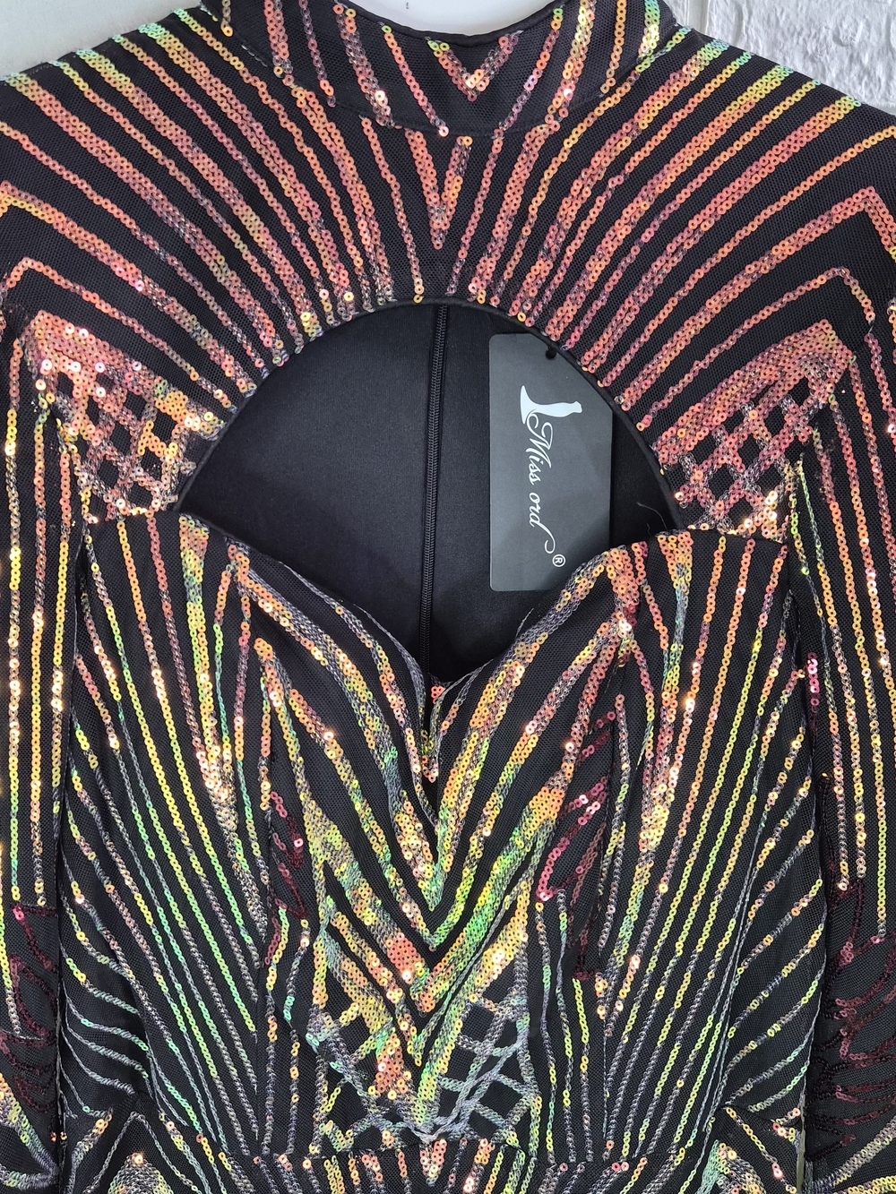 Miss Ord NWT Sequin Geo Rainbow Mermaid Dress Long  Sleeve Oil Slick Size L Prom